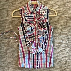 Anne Fontaine magenta,white,burgundy, lt blue sleeveless ruffled placket blouse